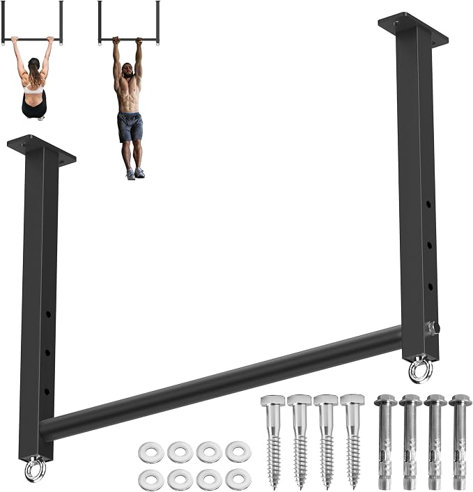 Ceiling Mounted Pull Up Bar, 700 LBS Heavy Duty 4 Adjustable Pull Up Bar, 24" Rafter Pull Up Bars, Ceiling Joist for Garage/Gym/Basement with Comfortable Grip & Round Anchors