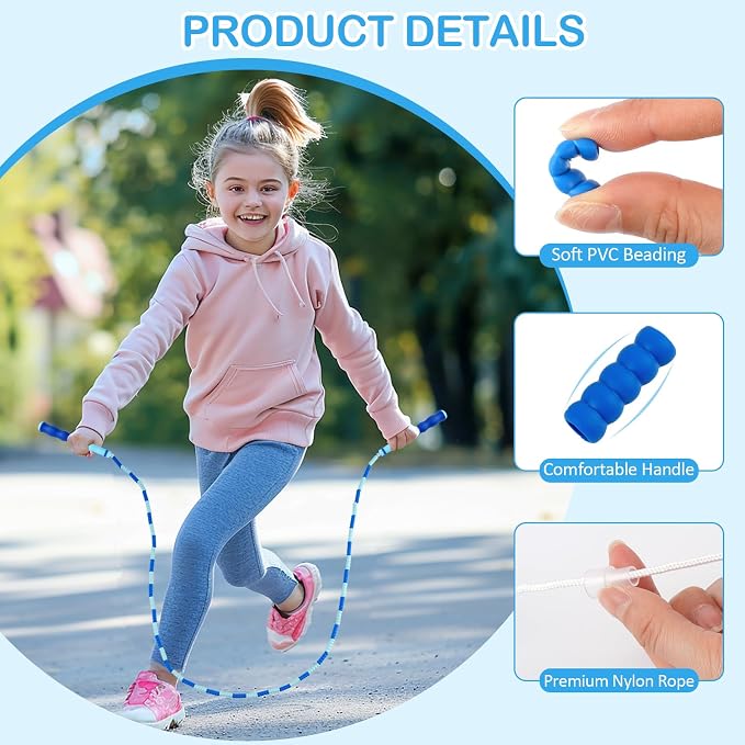 Jump Rope for Kids, Adjustable Jump Ropes for 4 5 6 7 8 10 12, Tangle Free | Jumping Rope Age 8-12, Segmented Soft Beaded Skipping Rope for Women Fitness