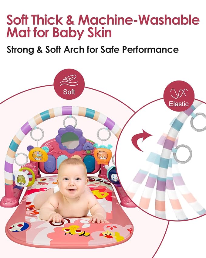dearlomum Pink Tiger Baby Play Mat Gym with Piano & 2 Baby Book Toys