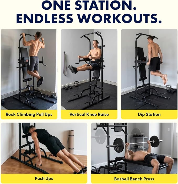 Pull-Up Dip Station - Your All-in-One Power Tower Gym and Chin-Up Bar Stand with Collapsible Bench for Home Exercise and Bench Press