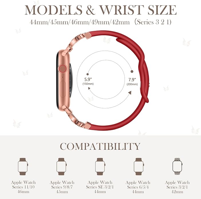 Lerobo Slim Silicone Band Compatible with Apple Watch Bands for Women | Dressy Metal Butterfly 16mm Thin Strap for iWatch Series 11 10 9 8 7 6 5 4 SE Ultra 38mm 40mm 41mm 42mm 44mm 45mm 46mm 49mm