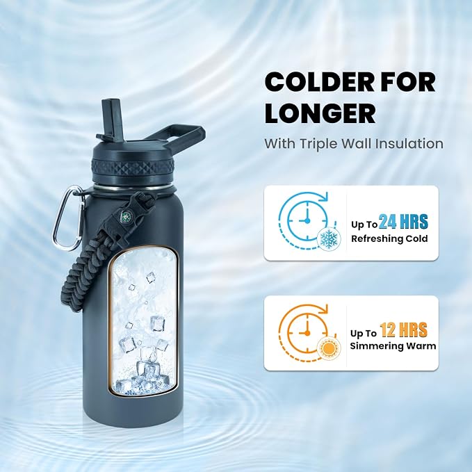 RAYMYLO Insulated Water Bottle 32 oz, Triple Wall Vacuum Stainless Steel (Cold for 24Hrs, Hot for 12Hrs), Leak Proof & Non-BPA, Modern Water Flask Jug with Paracord Handle & Straw Spout Lids | (Cold for 24Hrs, Hot for 12Hrs), Leak Proof & Non-BPA, Mode...
