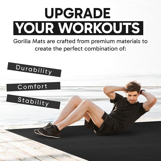 Gorilla Mats Large Exercise Mat – 6'x4', 7'x4', 7'x5', 8'x4', 10'x4' (1/4" Thick) – Ultra Durable Workout Mat for Home Gym Flooring – Non-Slip, Flat Fitness, Yoga & Weight Lifting Floor Mat