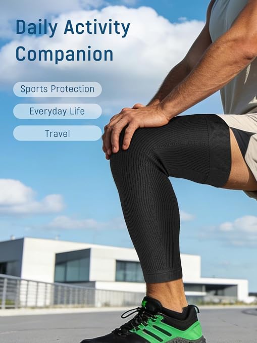 Leg Compression Sleeve, Stays in Place, Snug Fit, Pack of 1, Large | Soft Breathable Material, Upgraded Silicone Band, Mid-Thigh Knee Calf Support, Reduce Leg Soreness, Daily Wear, Workout