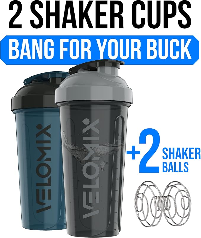 VELOMIX 2 Pack 28oz Protein Shaker Bottle for Protein Mixes, ColorBurst | 2x Wire Whisk, Leak Proof Shaker Cups for Protein Shakes, Stackable, Dishwasher safe, BPA free, Pre Workout and Fitness ready