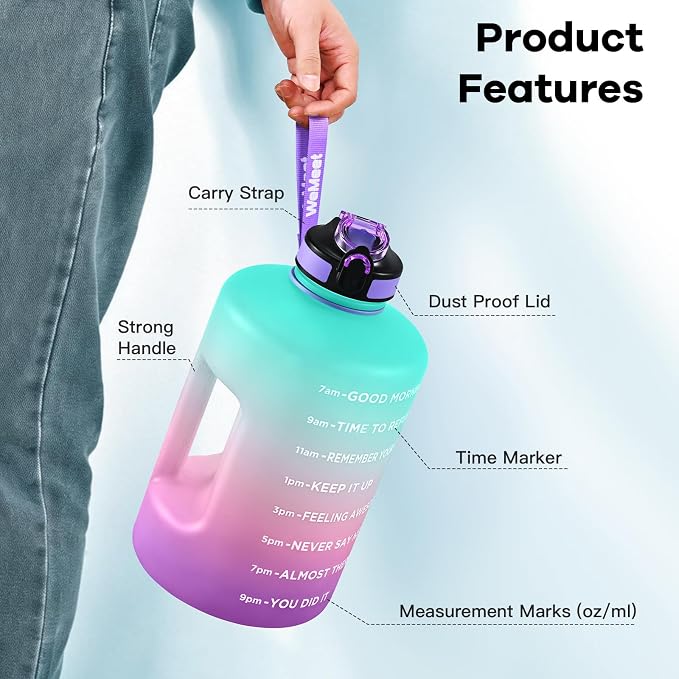 WEMEET Gallon Sport Water Jug with Time Marker and non-slip handle, Sports Motivational Water Bottle, Wide Mouth with Easy Clean Brush for Outdoor, Fitness, Gym