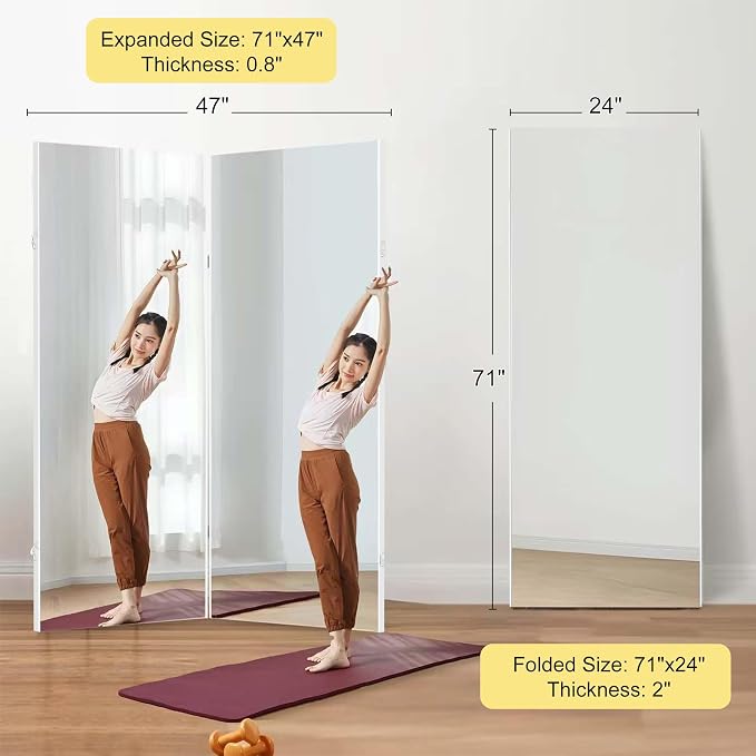 NanoMirror Space-Saving 360° Folding Full Length Mirror, 71" x 47" Ultra-Large Wall Mounted Shatterproof Foldable Design for Home Gym, Yoga, Dance, Fitness Studio, White