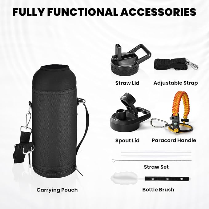 RAYMYLO Insulated Water Bottle 40 oz, Triple Wall Vacuum Stainless Steel | (Cold for 36Hrs, Hot for 18Hrs), Leak Proof & Non-BPA, Modern Water Flask Jug with Paracord Handle & Straw Spout Lids