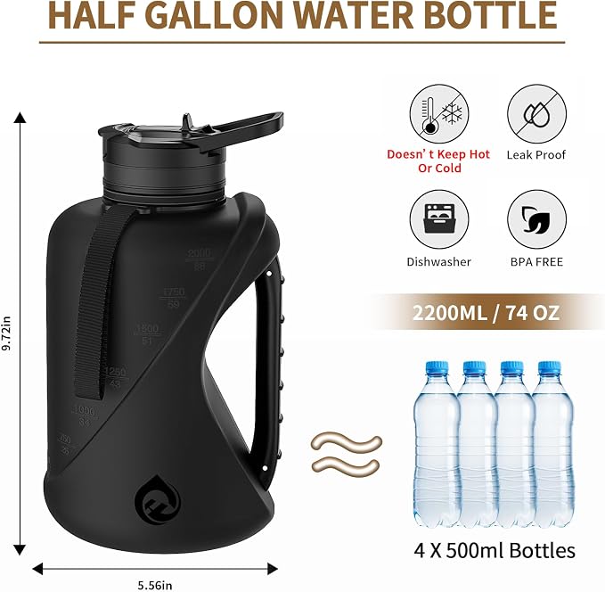 Half Gallon Water Bottle with 2-In-1 Straw Lid，Dishwasher Safe，Easy Clean，BPA-Free Plastic Water Bottle，Durable Solid No-Slip Handle for Gym，Work and Outdoor Sport