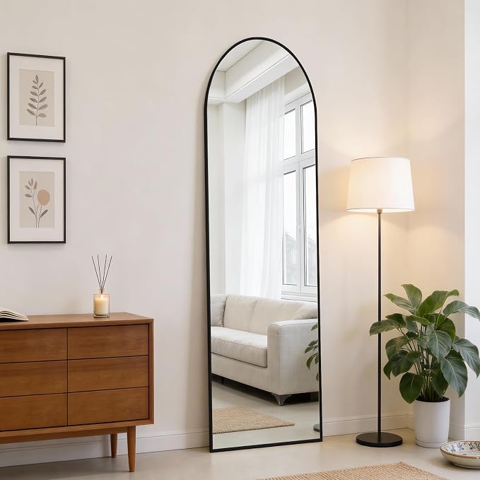 DUMOS 47"x14" Full Length Door Mirror, Arched Full Body Mirror, Black | Aluminum Alloy Thin Frame, Leaning or Hanging, Suitable for Bedroom, Livingroom, Cloakroom