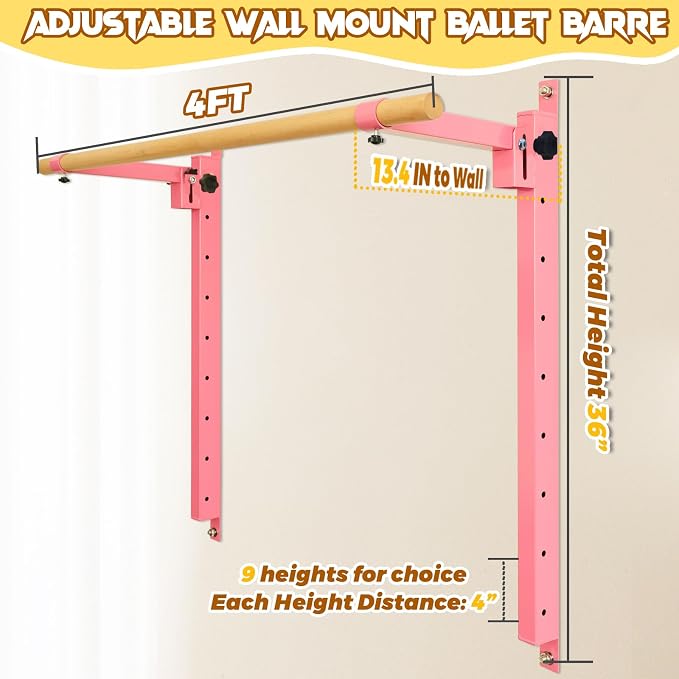 Seliyoo Ballet Barre Wall Mount,Height Adjustable Dance Bar | 4 FT /5FT Portable Solid Beech Wood Bar,Ballet Stretching and Barre Workout, Kids and Adults, Easy Install