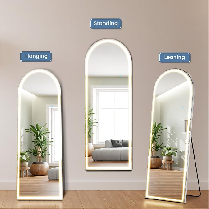 OLIXIS Arched Full Length Mirror with Lights, 20x 63 | Lighted Floor Full Body Mirror with 3 Color Lighting, Wall Mounted Mirrors for Bedroom, Entryway with Tempered Glass