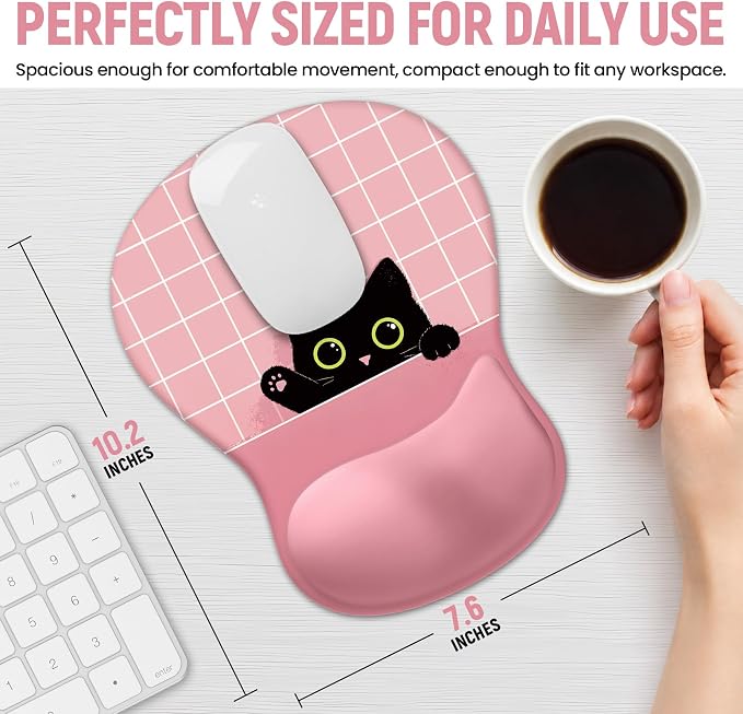 Ergonomic Mouse Pad with Wrist Rest, Gel Wrist Support, Pink Cat | 10.2 x 7.6 in Mouse Pad with Smooth Fabric Surface and Non-Slip Rubber Base for Office, Home, Study, and Gaming
