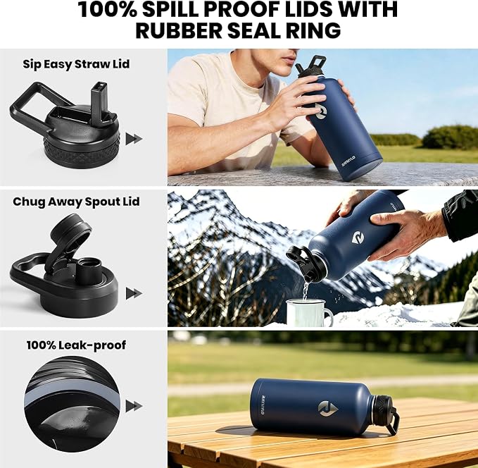 RAYMYLO Insulated Water Bottle 87 oz, Triple Wall Vacuum Stainless Steel | Cold for 48 Hrs), Leak Proof & Non-BPA, Modern Water Flask Jug with Paracord Handle & Straw Spout Lids, Navy Blue