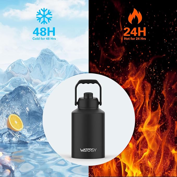 WATERSY Half Gallon Water Bottle Insulated(Cold for 48 Hrs),BPA Free&Leak Proof,64oz Stainless Steel Water Jug/Flask,Big thermo,Large Water Bottle with Handle for Gym,Hiking,Camping,Black