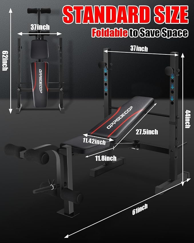 OPPSDECOR Standard Weight Bench Set with Squat Rack, 900LBS Adjustable Bench Press Set with Leg Extension and Leg Curl, Foldable Flat Incline Decline Workout Bench for Home Gym Full Body Training