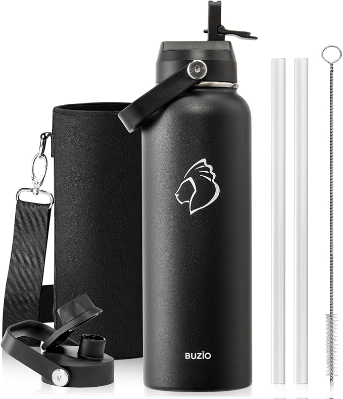 BUZIO 40oz Insulated Water Bottle, Triple Wall Vacuum Stainless Steel Water Flask with 2 lids, Lead-Free BPA-Free Straw Lid Sports Canteen Jug, Cold 48H & Hot 24H- Black | 40 oz Insulated Stainless Steel Water Flask (Cold for 48 Hrs/Hot for 24 Hrs), Di...