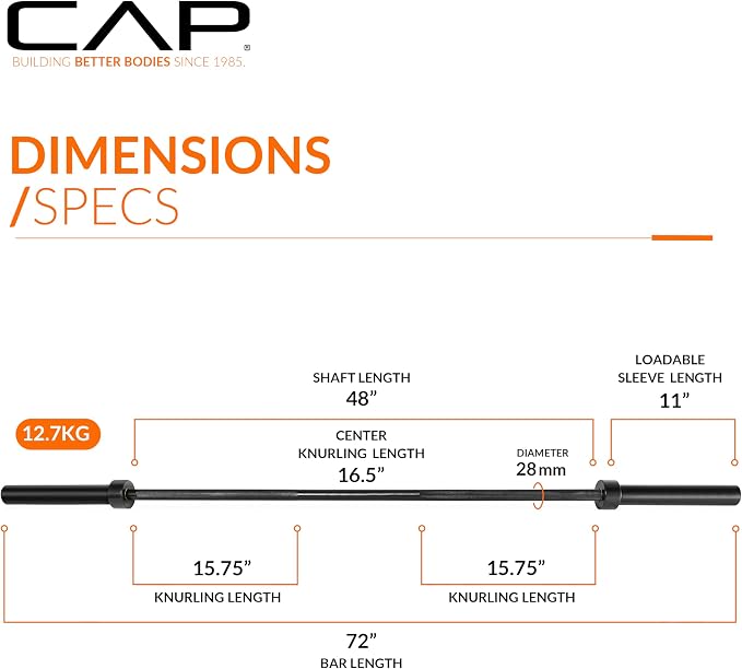 CAP Olympic Barbell - 5FT, 6FT, & 7FT Strength Training Weight Bars, Multiple Options