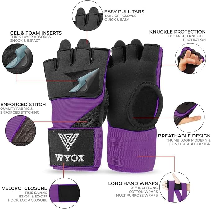 WYOX Neoprene Gel Boxing Hand Wraps Inner Gloves for Men & Women – 80cm/31in Quick Wrist Strap, Padded Knuckle Protection, Fingerless MMA Muay Thai Kickboxing Wraps for Training & Martial Arts