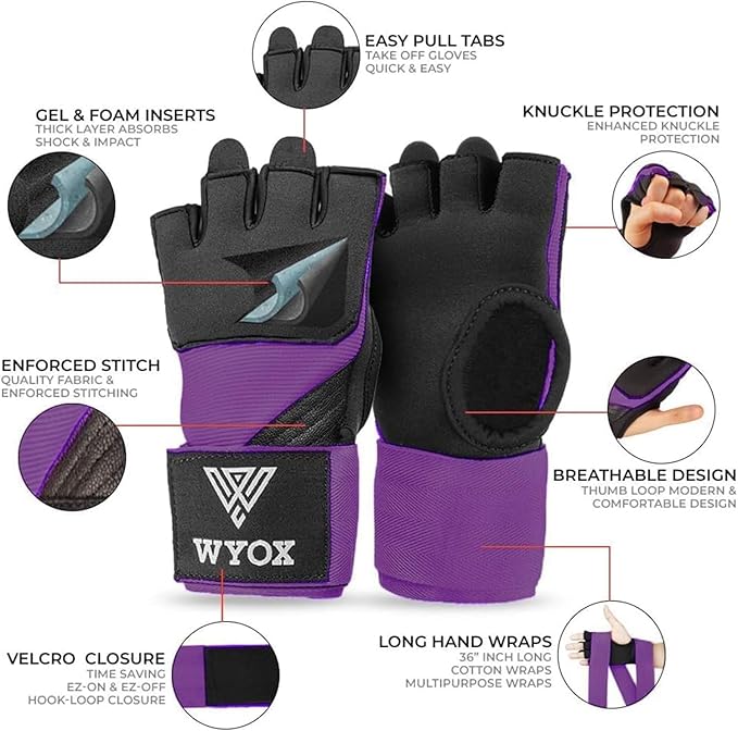 WYOX Neoprene Gel Boxing Hand Wraps Inner Gloves for Men & Women – 80cm/31in Quick Wrist Strap, Padded Knuckle Protection, Fingerless MMA Muay Thai Kickboxing Wraps for Training & Martial Arts