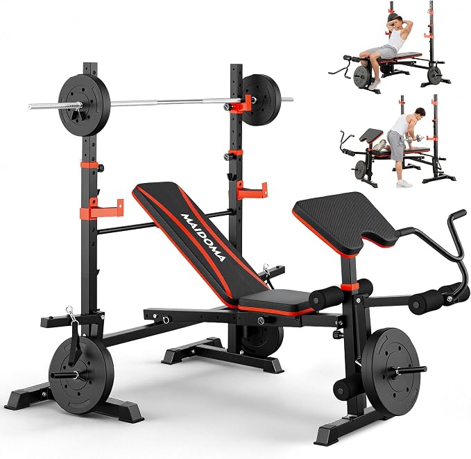 MAIDOMA Multi-Function 8 in 1 Foldable Weight Bench Set with Leg Extension | Foldable Bench Press with Rack, Adjustable Flat Incline Decline Workout Bench Set for Home Gym.（US Stock）