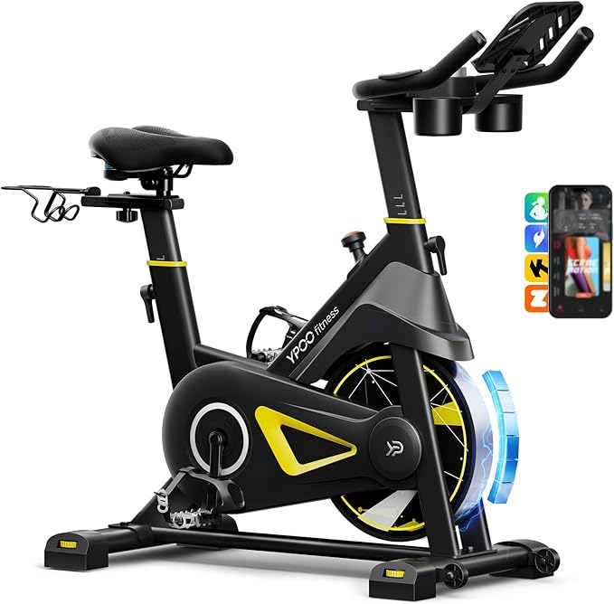 YPOO Exercise Bike, Adjustable Magnetic Resistance Stationary Bikes for Home Cardio with Exclusive App, Indoor Bike with 330lbs Weight Capacity Comfortable Seat, Tablet Mount and Fitness Courses
