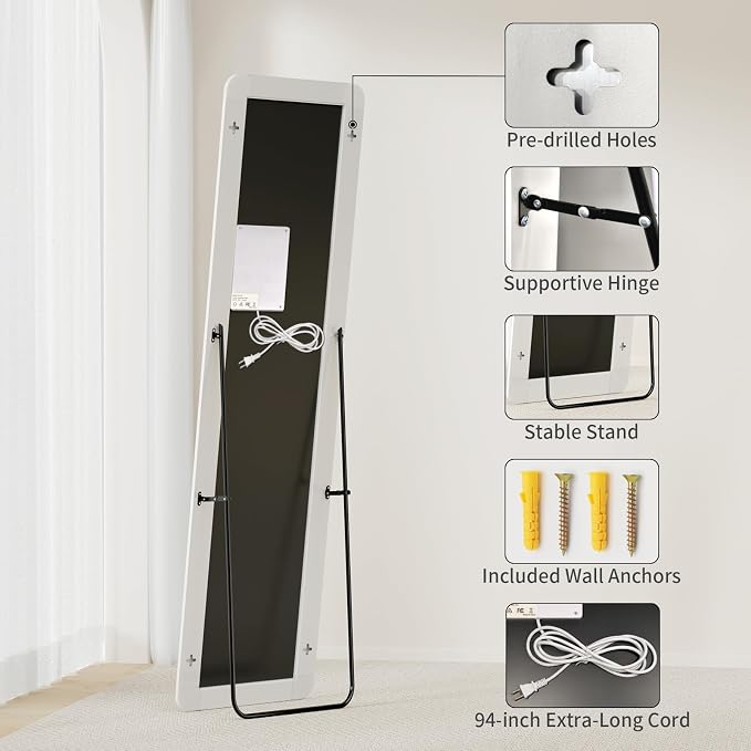 Koonmi Full Length Mirror with LED Lights, 60"x16" Lighted Mirror with Dimming & 3 Color Lighting, Big Mirror for Bedroom, Dressing Room, Rectangle,White
