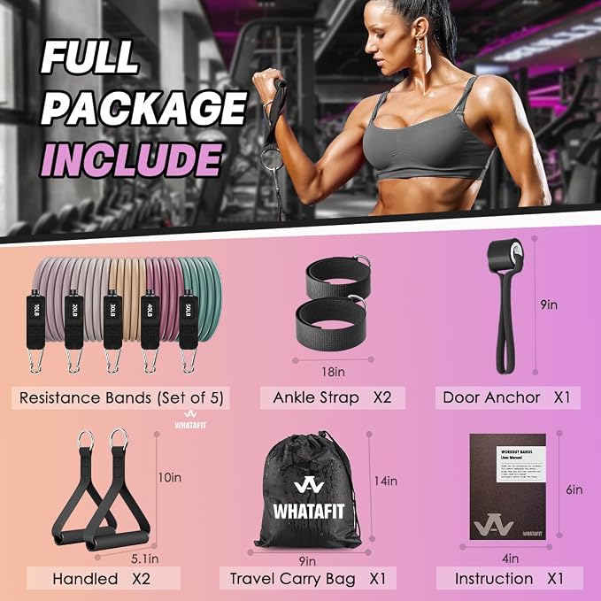 WHATAFIT Resistance Bands with Handles, 5-Level Exercise Bands for Workout | Natural latex,10-50 lbs, stackable to 150,Ankle Straps, Door Anchor,Guide. For Strength, Yoga,Home Gym,Travel & Workout.