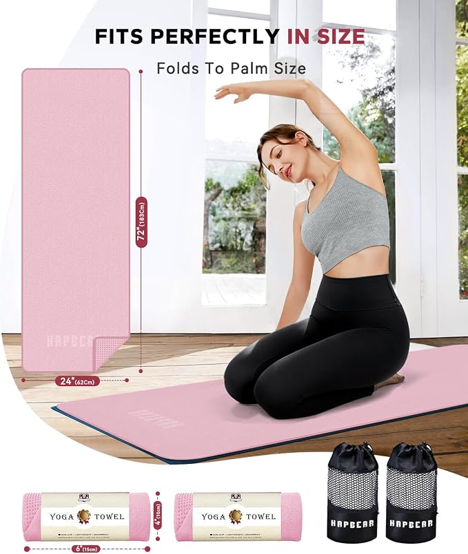 HAPBEAR 2 Pack Non Slip Yoga Mat Towel with Grip Dots, 72" x 24" Hot Yoga Towel - Super Absorbent Microfiber Yoga Towel for Hot Yoga, Bikram, Pilates and Gym Workout - Pink