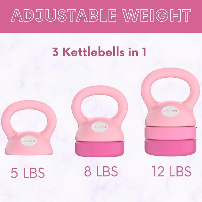 Polyfit Adjustable Kettlebell | 5 lb - 12 lb | Kettlebells Weights Set for Home Gym | Kettle Bell Sets for Women at Home | 3-in-1 adjustable design, 5/8/12 lb settings, non-slip PE coating, compact home gym storage, workout guide included