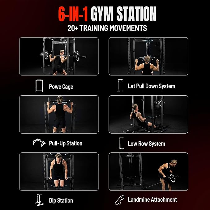 Mikolo F4 2.0 Power Cage with Dual-Track Smooth Pulley System, 1200LBS Power Rack with Leg Hold-Down for Heavy LAT Pulldowns