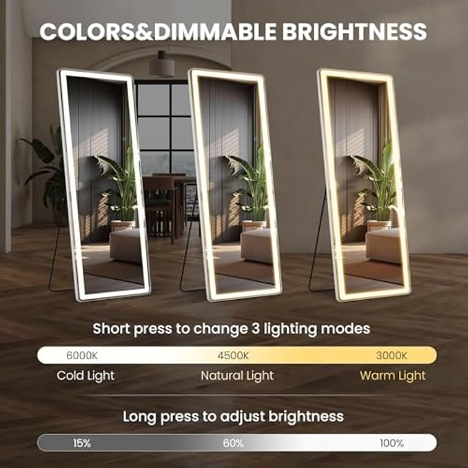 NEWBULIG 71"x26" LED Full Length Mirror, Full Body Standing Mirror, White | Leaning or Standing, Tempered Glass, Aluminum Alloy Thin Frame Floor Stand for Bedroom, Cloakroom