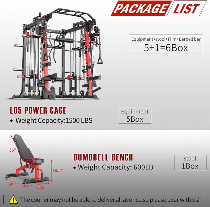 Smith Machine，Multi-Function Squat Rack Power Cage with Cable Crossover System,with Optional Weight Bench, Olympic Barbell Weight Set, for Home Gym
