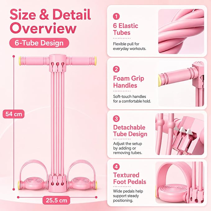 Adjustable 6-Tube Pedal Resistance Band with Handle, Detachable Natural Rubber Foot Pedal Resistance Band for Full Body Home Workout, Abdomen Waist Arm Leg Training and Fitness Gift