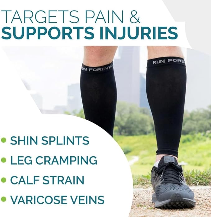 Run Forever Calf Compression Sleeve for Men & Women, 20-30mmHg Compression | Leg Sleeve for Shin Splints, Varicose Veins, Swelling & Pain Relief | Footless socks for Running, Cycling & Travel