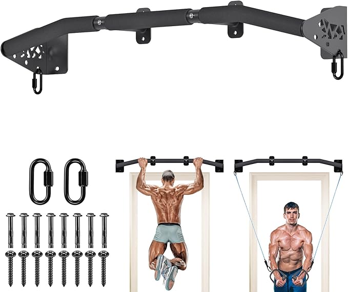 SELEWARE 32"/36" Wall Mount Pull Up Bar Joist Mount Chin Up Bar for Doorway | Heavy Duty Steel Construction Support 450 lb, w/Resistance Band Hooks, Fits 32"/36" Wall Studs for Home Gym Strength Training