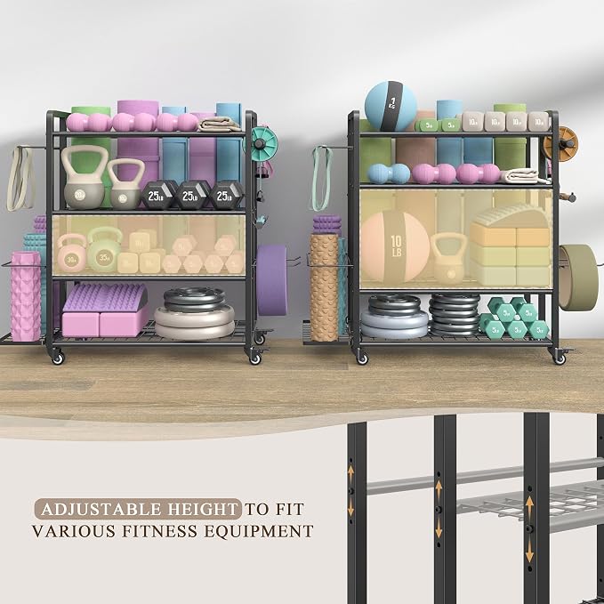 4-Tier Weight Rack for Home Gym with Wheels and Hooks | Adjustable Gym Storage Rack for Dumbbells Kettlebells Yoga Mat, All-in-One, Space Saving, Heavy Duty Steel, Easy to Assemble