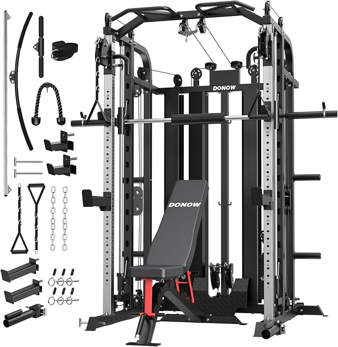 DONOW Smith Machine with Weight Stacks Home Gym System Cable Crossover | Multi Function, All in One, Heavy Duty, Lat Pulldown Bench, Hip Thrust Attachment, Smooth Smith Bar and Cable System
