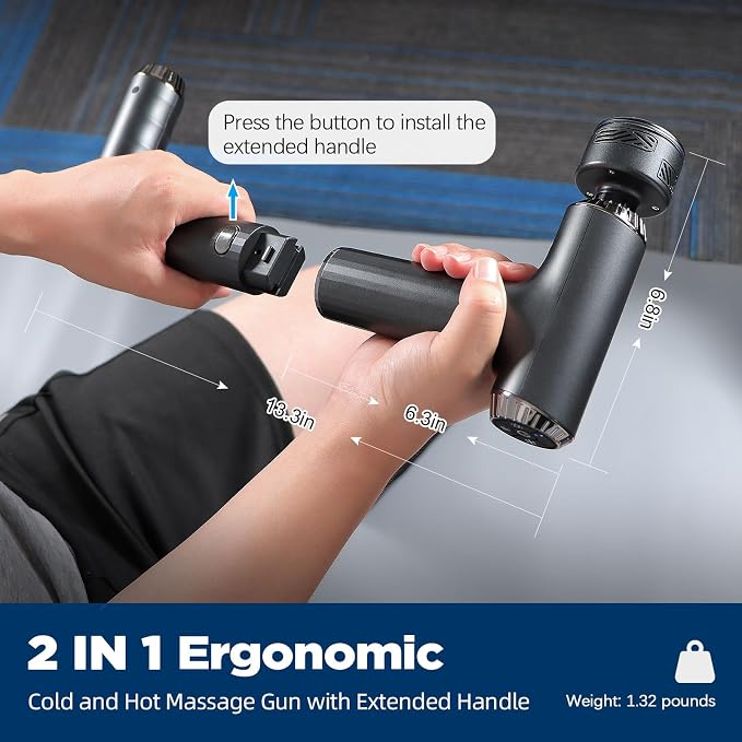 Massage Gun with Heat and Cold, 2 in 1 Portable Mini Muscle Massager with Extended Handle, Handheld Electric Percussion Deep Massager Tissue Massage Gun for for Home Gym