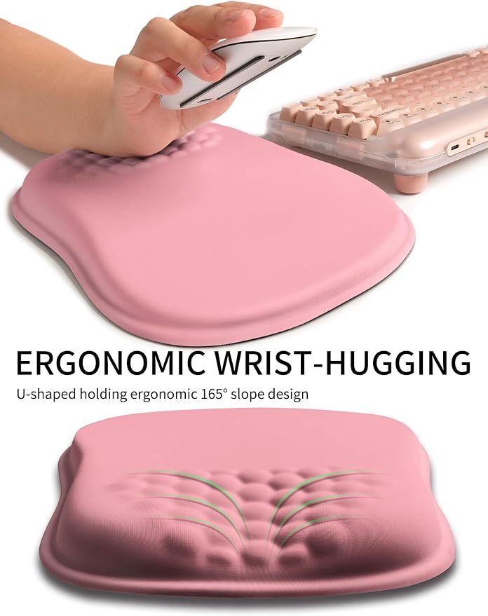 Hokafenle Ergonomic Wrist-Hugging Mouse Pad Wrist Support, U-Shaped Holding Wrist Rest Mousepad for Carpal Tunnel Pain Relief with Cushioned Memory Foam Slope Massage Bulge (Classic 10.2x8.3 in,Pink)
