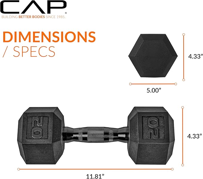 CAP Rubber Coated Dumbbell Weights, Free Weights for Home Gym Strength Training, Anti-Roll Hex Dumbbells with Black, Chrome & Comfort Grip Handles, Pairs & Sets