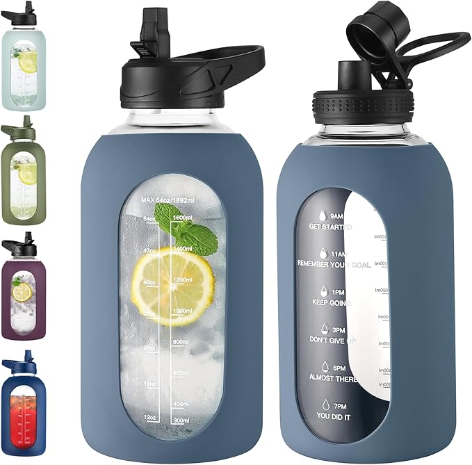 EALGRO 64 oz Glass Water Bottle with Straw, Large Half Gallon Water Jug | Sports Motivational Water Bottle with Time Marker and Silicone Sleeve, Flask Cup with Handle for Travel, Gym, Dark Blue