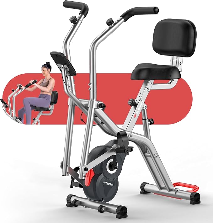 Foldable Exercise Bike, 8-Level Magnetic Stationary Bike for Home Gym | Quiet Indoor Workout Bike with Arm Resistance Bands, LCD Monitor, and 300 LBS Capacity for Full-Body Cardio Training