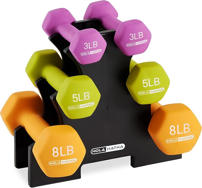 HolaHatha 1, 2 and 3 lb Neoprene Dumbbell Strength Training Weight Set with Rack