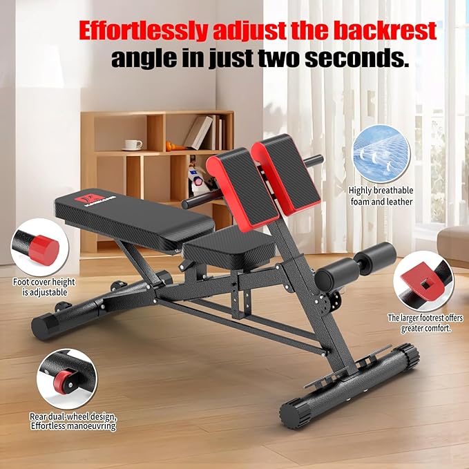 K KINGKANG Weight Bench,Load 1000LBS Roman Chair for Home Gym | Multi-Function Adjustment(10+7+4+4),for Bench Press/Sit-up/Back,Carbon Steel Frame with 2 Rear Wheels