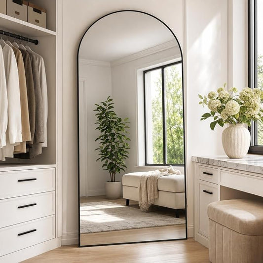 Arched Full Length Mirror 71"x26" Leaning Hanging Decor Black | Standing Body Mirror with Aluminum Frame for Bedroom Cloakroom Living Room Make-up Gift
