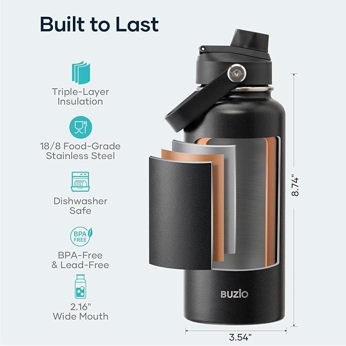 BUZIO Insulated Stainless Steel Water Bottle 32 oz with Straw & Spout Lids | Triple Wall Insulated Tumbler (Dishwasher Safe) ,Cold for 48 Hrs/Hot for 24 Hrs, Leakproof, BPA-free, for Sports, Gym, School