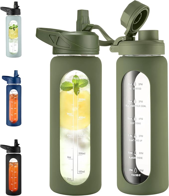 CIVAGO 24 oz Glass Water Bottle with Straw, Large Motivational Water Jug | Time Marker, 2 Leakproof Lids, Wide Mouth, Water Flask Cup with Handle and Silicone Sleeve, for Gym, Sports, Juices, Army