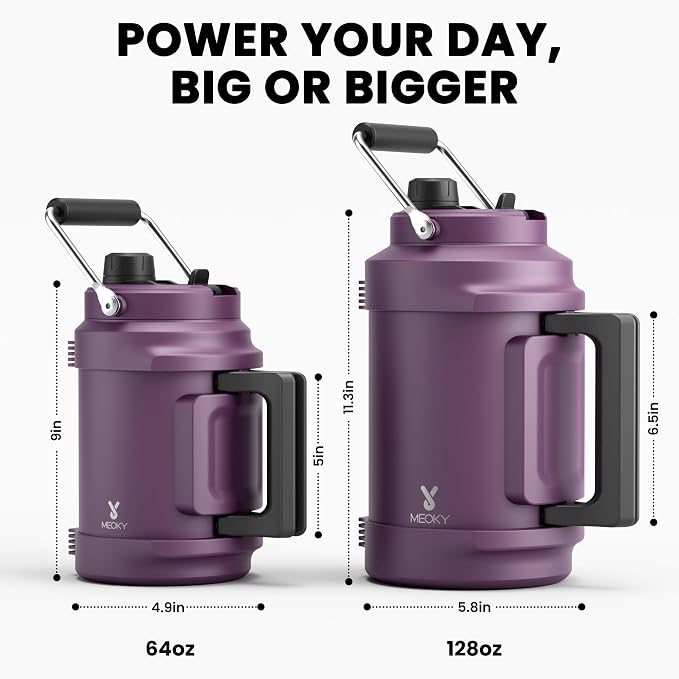 1 Gallon Insulated Water Bottle for Sports: Meoky 128 oz Triple Wall Vacuum Stainless Steel Water Jug - Top and Side Handles, Cold for 48 Hrs, 2-in-1 Straw and Spout Lid, Leak Proof for Hiking (Plum)
