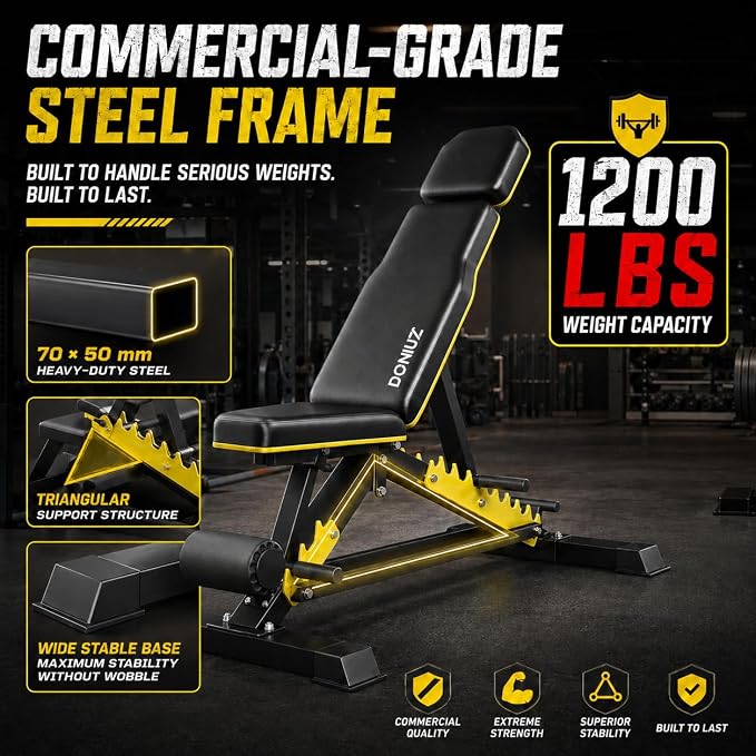 DONIUZ Adjustable Weight Bench for Home Gym, 1200LB Heavy Duty Commercial Workout Bench, Multi-Position Incline Decline Flat FID Bench Press with Headrest & Leg Rollers for Full Body Strength Training